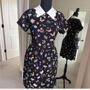 Anthropologie Black Dress with White Collar and Floral Print